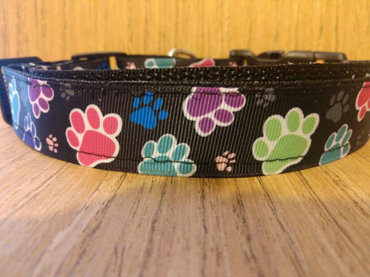 Collar/ Large/ Medium/ Colorful Paw Prints on Black - YourPetWillThankYou